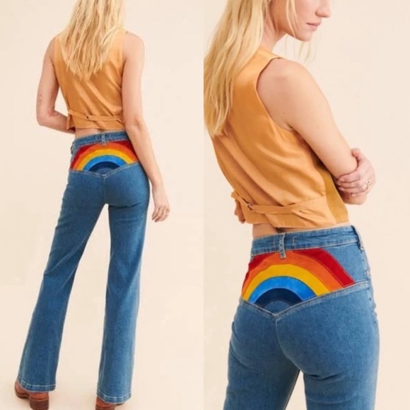 Free People Jeans Womens 30 We The Free Somewhere Over The Rainbow Flare 70s Hip - Picture 1 of 13